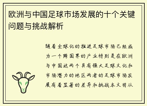欧洲与中国足球市场发展的十个关键问题与挑战解析 欧洲与中国足球市场发展的十个关键问题与挑战解析