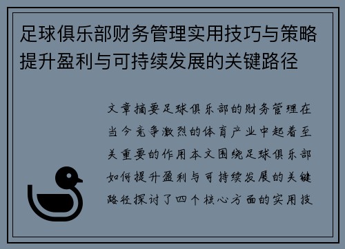 足球俱乐部财务管理实用技巧与策略提升盈利与可持续发展的关键路径